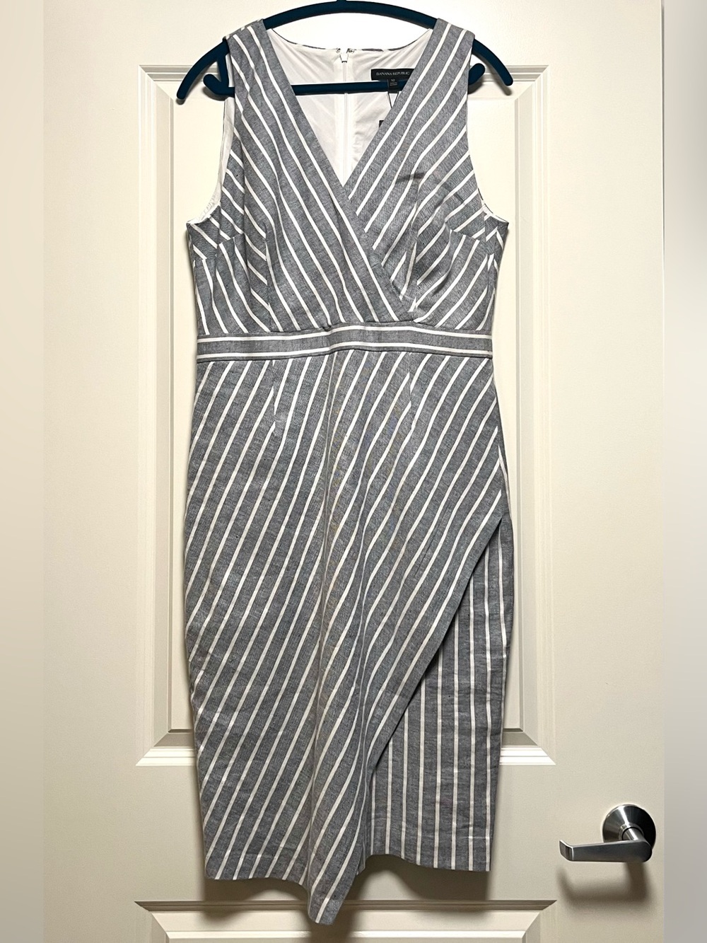 NWT Banana Republic Faux Wrap Sheath Dress Linen Cotton Gray & White Stripe 12